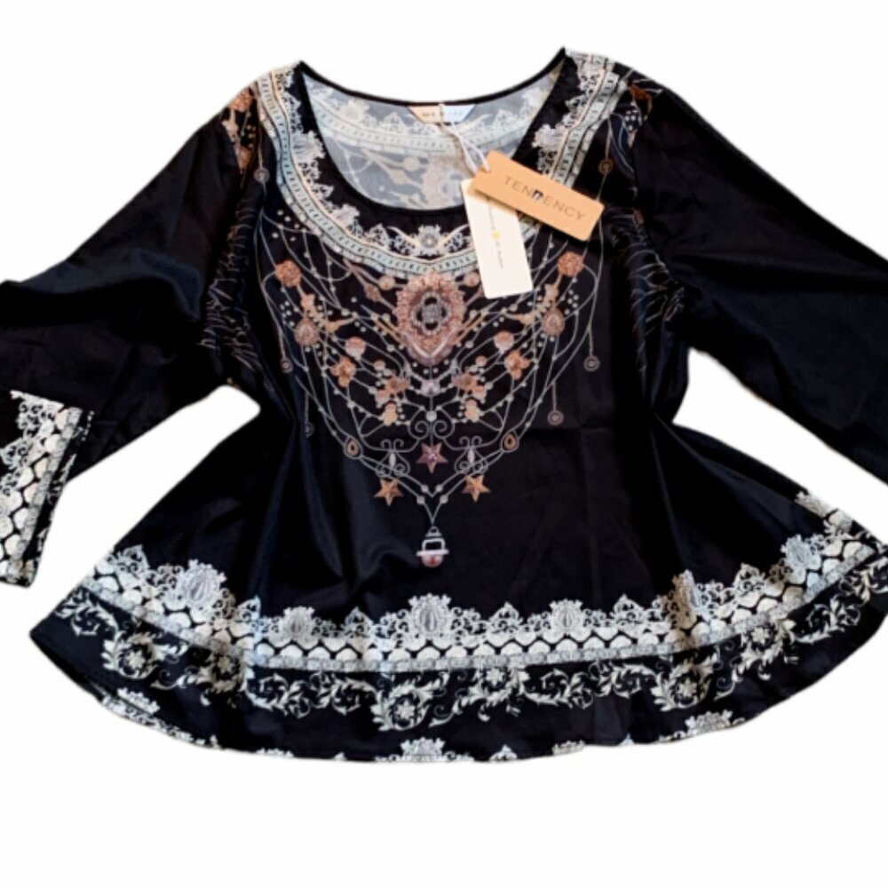 Tendency Black Swing Top‎ Floral and Lace Print Sz XL #49L